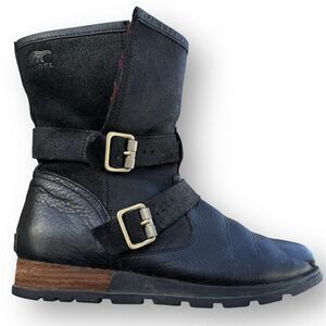Sorel Major Moto Women's Black Leather Biker Boots 9 Casual Winter Insulated